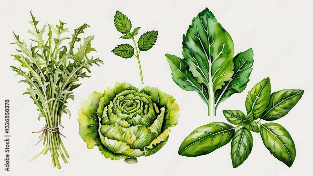 Obraz premium Watercolor Illustration of Fresh Green Herbs and Vegetables Arugula Cabbage Basil Mint Bok Choy
