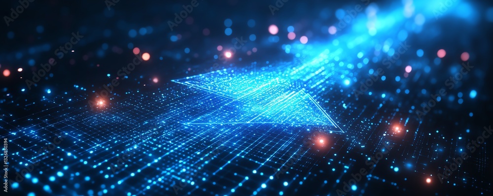 Fototapeta premium Abstract glowing blue arrow with neon lighting effects and a grid pattern on a deep blue background, symbolizing hightech concepts and digital evolution