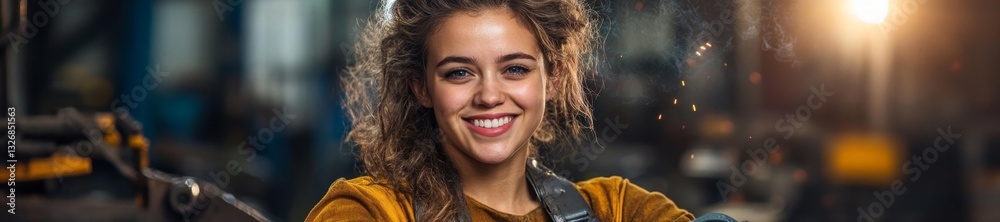 Confident Female Worker Smiling in an Industrial Workshop. Generative AI Confident Female Worker Smiling in an Industrial Workshop. Generative AI