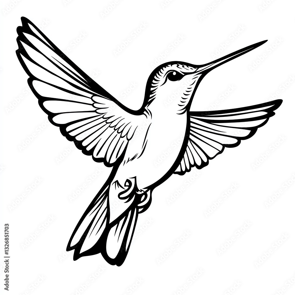 Fototapeta premium Elegant Hummingbird in Flight, Wings Spread Wide, Black and White Illustration, Nature Art