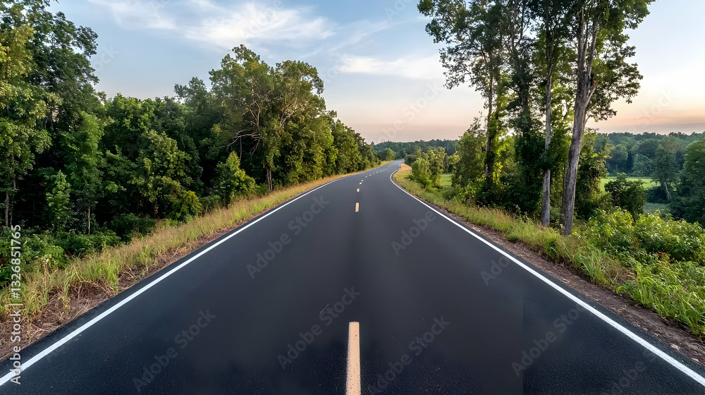 A scenic empty road surrounded by lush green trees and sky A scenic empty road surrounded by lush green trees and sky