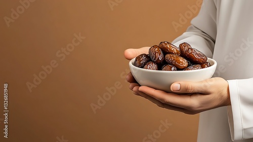 A Muslim Man is Holding a Bowl of Dates on Brown Background : Suitable for Be Used in Blog Posts, Social Media Posts or Website Content Related to Food, Islamic and Ramadan Theme.