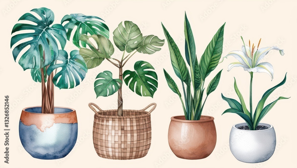 Obraz premium Watercolor Illustration of Houseplants Monstera Bird of Paradise Lily More in Stylish Pots