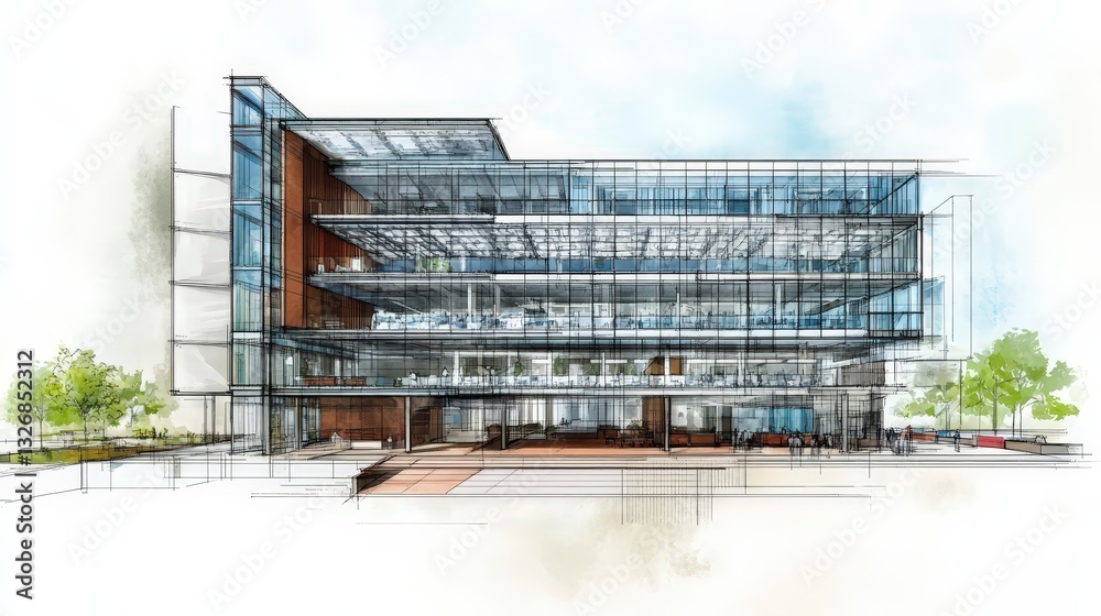A sectional architectural drawing of a state-of-the-art office building A sectional architectural drawing of a state-of-the-art office building