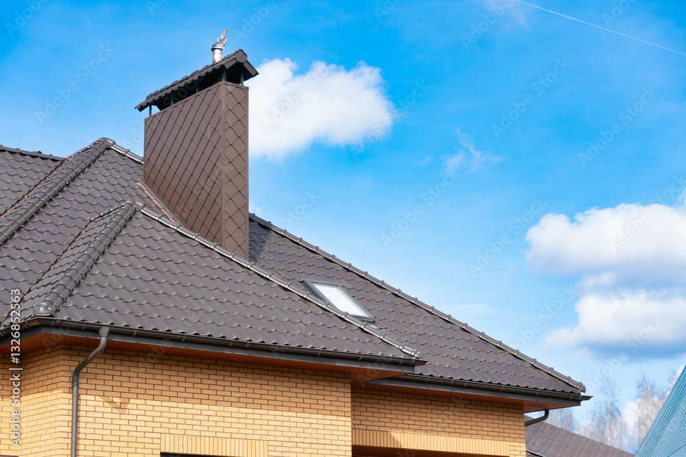 A brick house showcases a sloped roof with a chimney, set against a bright blue sky filled with white clouds, indicating a pleasant day A brick house showcases a sloped roof with a chimney, set against a bright blue sky filled with white clouds, indicating a pleasant day