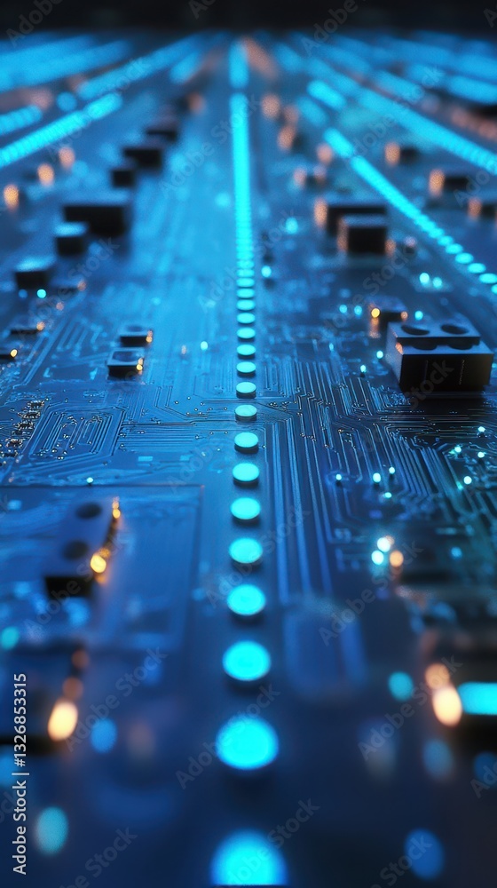 Hightech circuit board pattern with electric blue illumination, innovation background Hightech circuit board pattern with electric blue illumination, innovation background