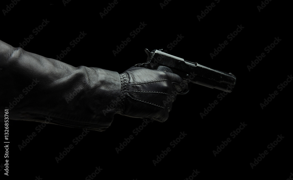 Naklejka premium Gun on dark background, closeup, gloved hand holding a pistol. Crime, murder