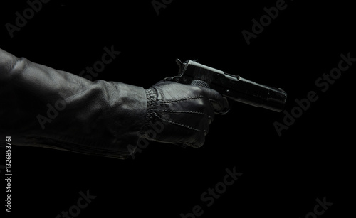 Gun on dark background, closeup, gloved hand holding a pistol. Crime, murder