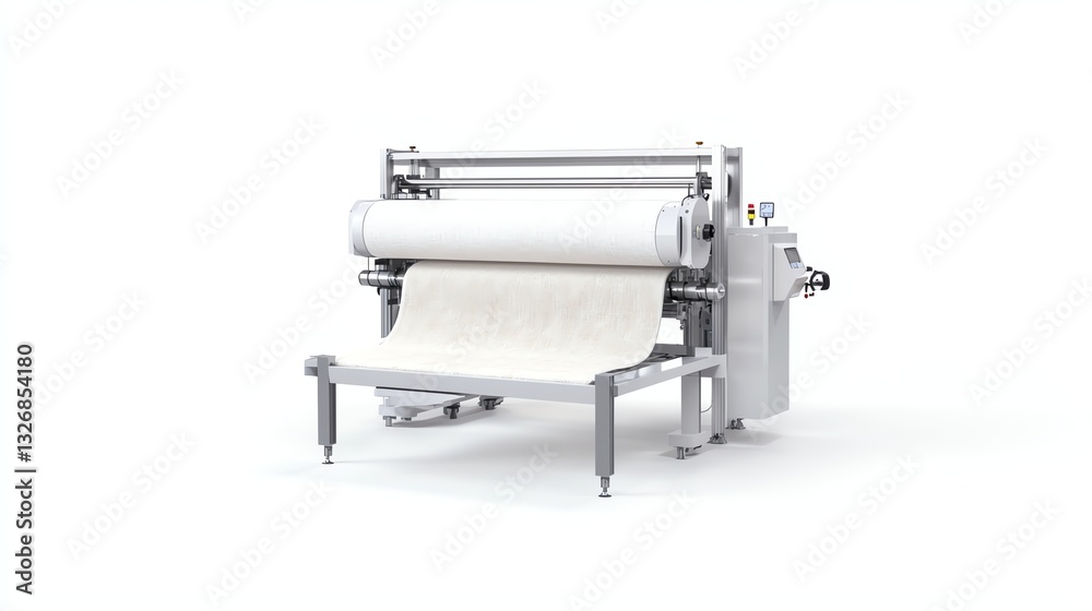 Industrial paper roll machine with blank paper, designed for efficient printing processes, isolated on white background, showcasing modern manufacturing technology. Industrial paper roll machine with blank paper, designed for efficient printing processes, isolated on white background, showcasing modern manufacturing technology.