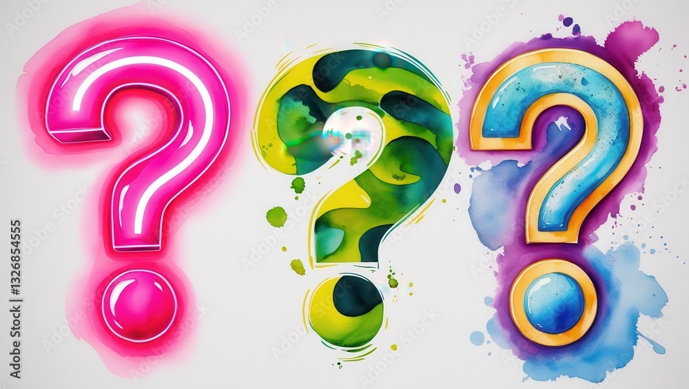 Obraz premium Colorful Artistic Question Marks Pink Green Blue Watercolor Design Inquiry Concept