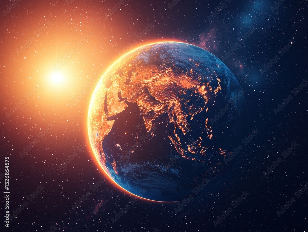 Obraz premium Captivating view of earth floating in space against a minimalist cosmic background featuring a bright celestial glow