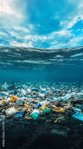 A large body of water is filled with plastic waste