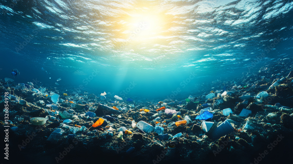 Naklejka premium A large body of water with a lot of plastic debris floating on the surface