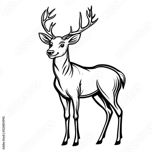 A cheerful deer with majestic antlers stands gracefully against a white backdrop, smiling serenely. The elegant line art captures its gentle nature. photo