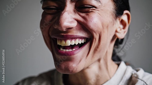 Close-up portrait of a young man laughing heartily with genuine joy and happiness. A candid and expressive moment of pure, infectious laughter and positive emotion.
