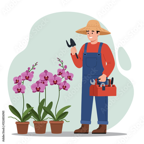 Gardener Holding Shovel Near Potted Orchids with Toolbox Illustration