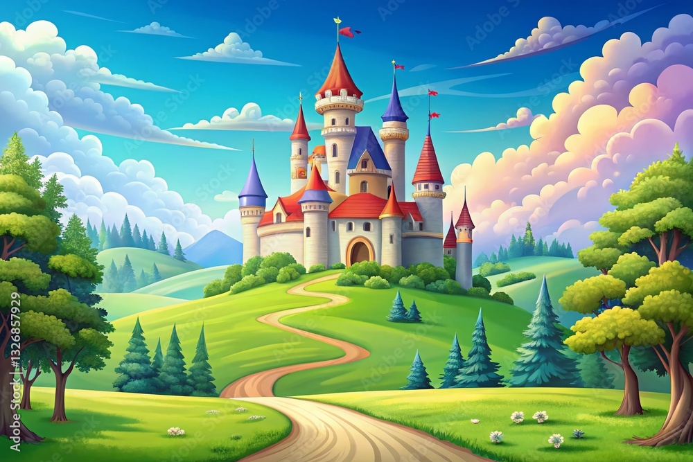 Naklejka premium Fairytale Castle Meadow Landscape: Magical Royal Palace in Fantasy Kingdom