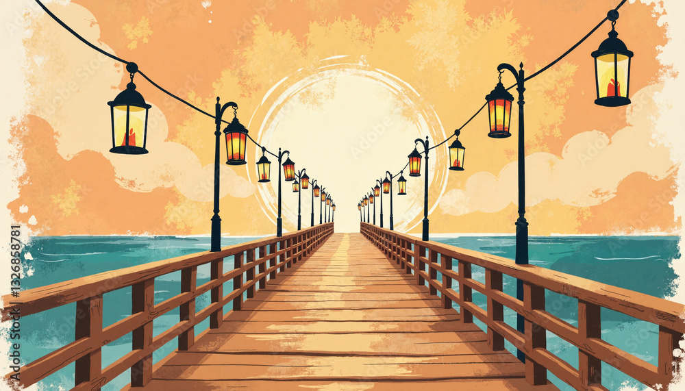 Obraz premium Handcrafted lanterns swaying on wooden pier at sunset, cozy ambiance