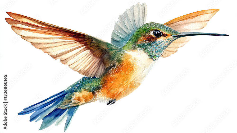 Fototapeta premium Colorful hummingbird illustration hand drawing isolated on white background. Tropical bird watercolor summer clipart.