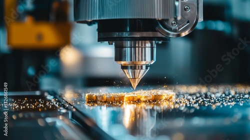 Close-up of an automated potato slicing machine in action, perfectly aligned blades cutting potatoes into uniform pieces with laser precision, factory background