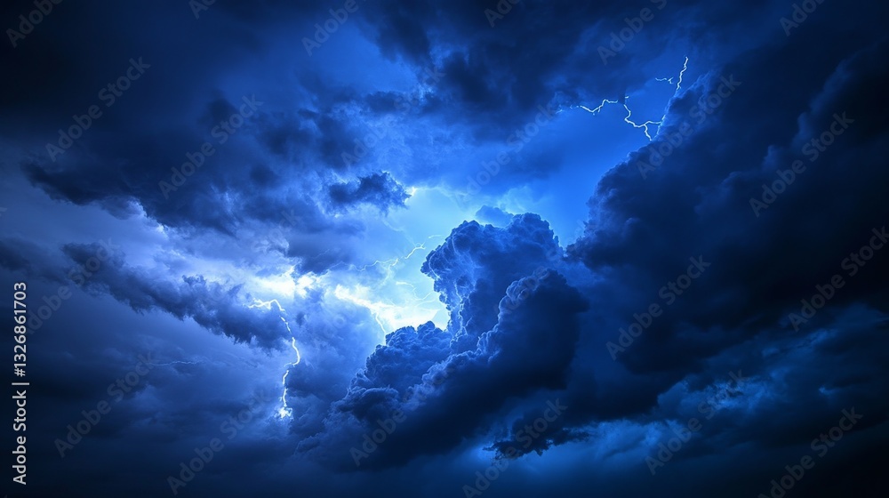 Obraz premium Dramatic blue thunderstorm clouds with lightning illuminations