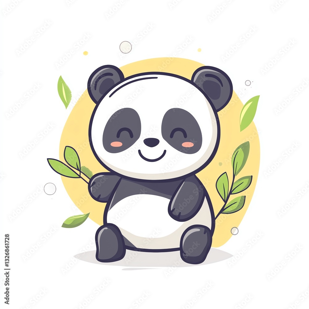 Adorable Panda Bear with Bamboo, Joyful Expression, Cute Illustration Adorable Panda Bear with Bamboo, Joyful Expression, Cute Illustration