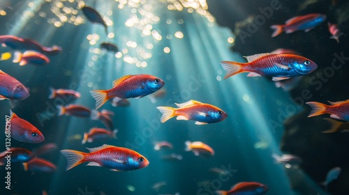 A harmonious school of vibrant red and blue fish, swimming in perfect synchronicity through soft beams of underwater light photo