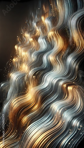 Shimmering waves of golden and silver light flowing smoothly, creating an elegant abstract background and wallpaper