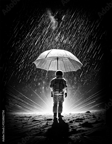 Wallpaper Mural Monochrome illustration of astronaut with umbrella in space Torontodigital.ca