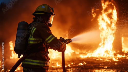 Firefighter extinguishing house fire at night, wearing protective gear and breathing apparatus