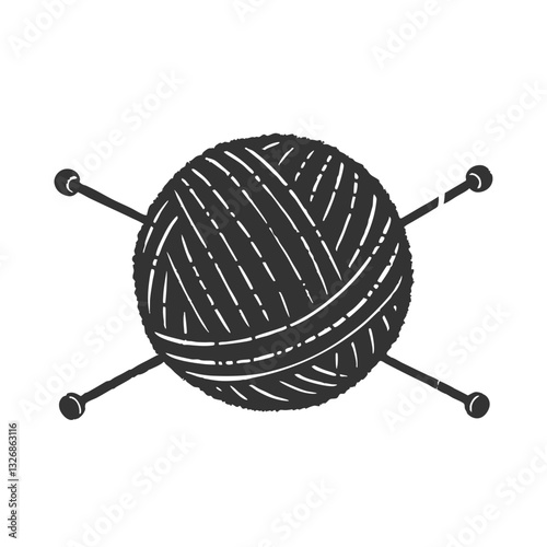 Hand drawn sketch of ball of threads or wool with knitting needles in vintage doodle style. Ball of yarn continuous line sign. A round skein of knitting thread is isolated on a white background.