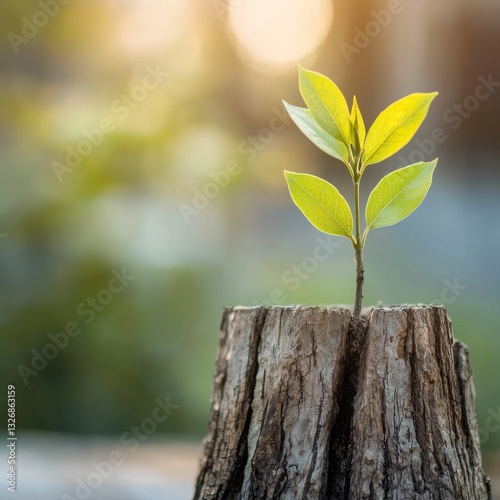 Small Green Plant Growing on Weathered Tree Stump in Soft Light