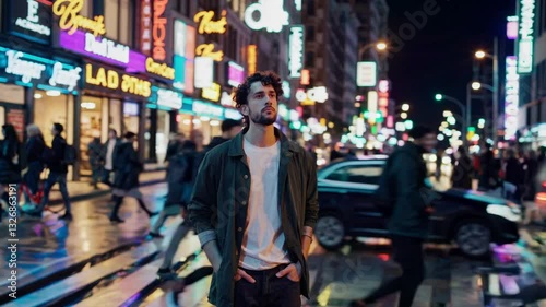 A man walking through a busy city street at night, surrounded by blurred crowds and neon lights. Urban chaos and fast-paced modern life concept, capturing the energy of the metropolis.