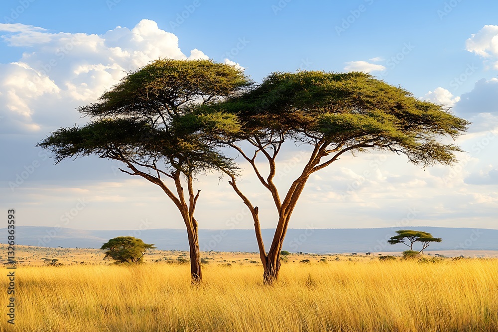 Obraz premium savanna scrub teems with vitality featuring grand african acacia trees rising high with unique forms as yellow grasses dance in breeze forming a lively habitat thriving on unity 