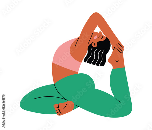 Diverse black woman is stretching in yoga pose, body positive sporting. Hand drawn isolated vector illustration