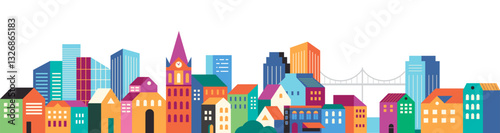 Colorful Cityscape Banner. Urban Skyline with Modern and Traditional Architecture.