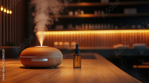 Aromatherapy Diffuser with Essential Oil Bottle on Wooden Table