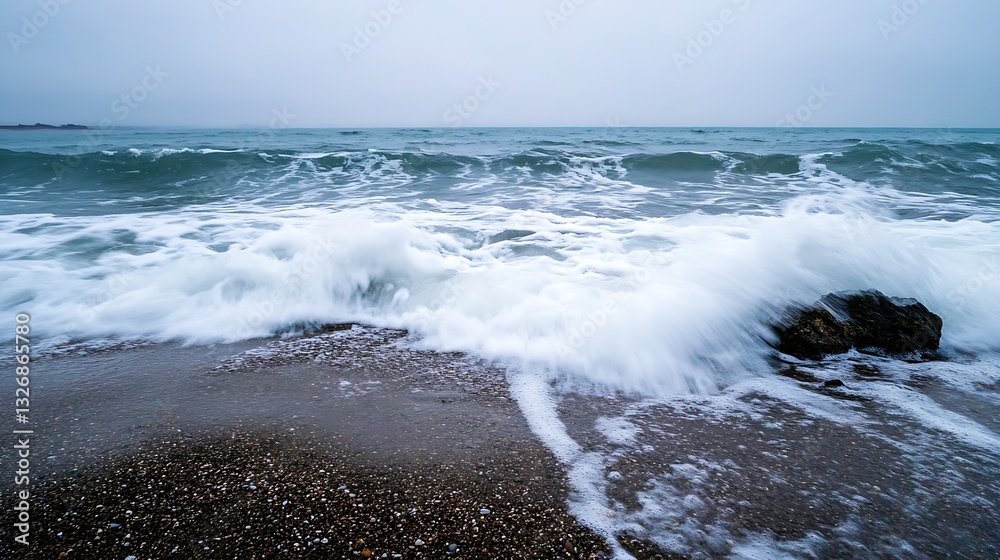 Fototapeta premium Wild crashing waves on a rocky coastline under a moody grey sky creating a powerful ocean scene : Generative AI