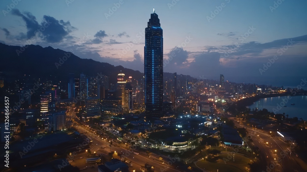 Obraz premium Night Cityscape: Coastal Metropolis at Dusk