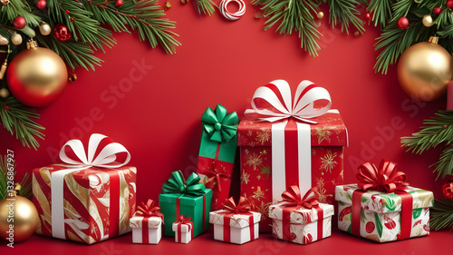 Christmas Gift Boxes with Red and Gold Ribbons on Festive Background