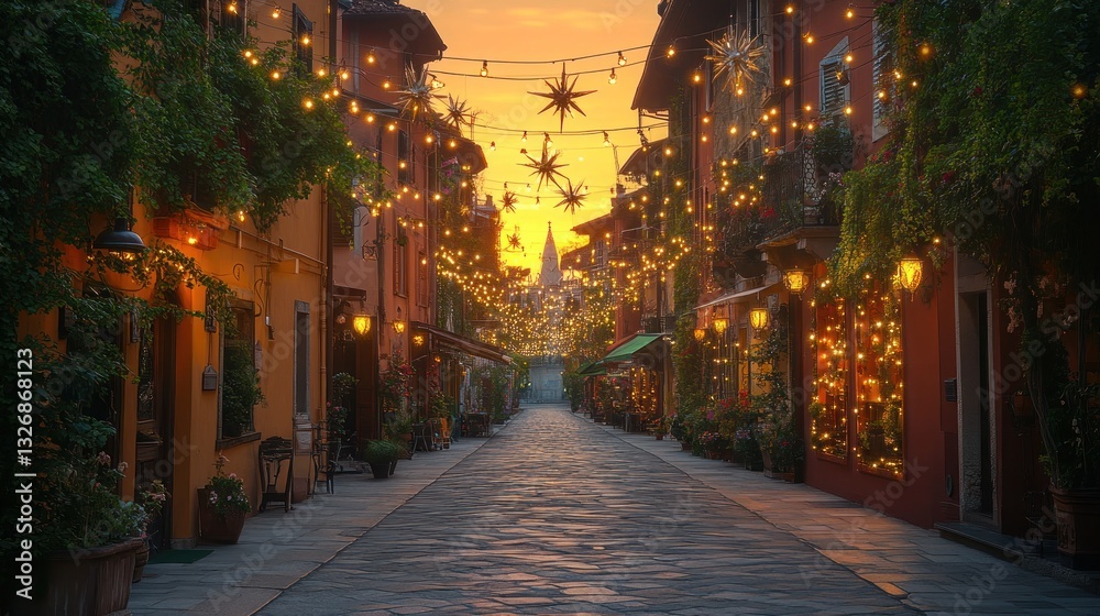 Obraz premium Festive Italian street at sunset, illuminated with lights