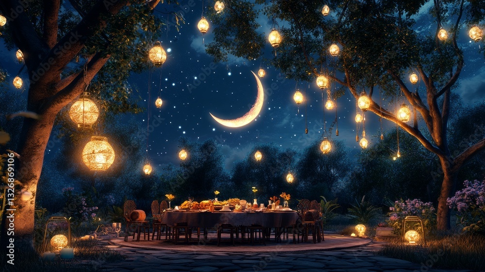 Enchanted Night Garden Feast Under Crescent Moon Enchanted Night Garden Feast Under Crescent Moon