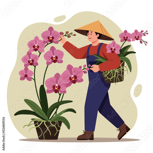 Man Carrying Orchid Flowers in Pots Wearing Traditional Asian Hat