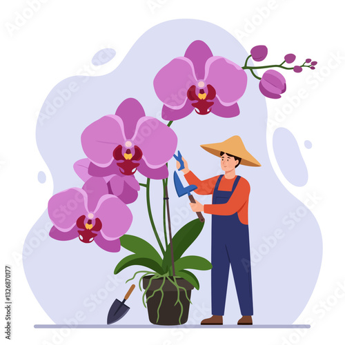 Person Caring for Orchid Plant with Gardening Tools Illustration