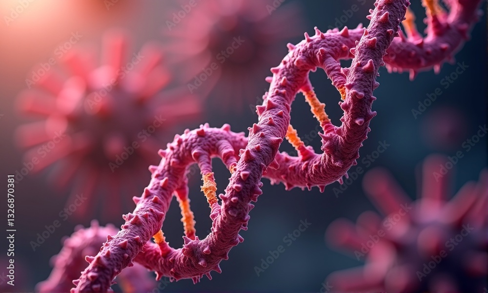 Vibrant DNA Helix Surrounded by Pathogenic Viruses in Microbiology Vibrant DNA Helix Surrounded by Pathogenic Viruses in Microbiology