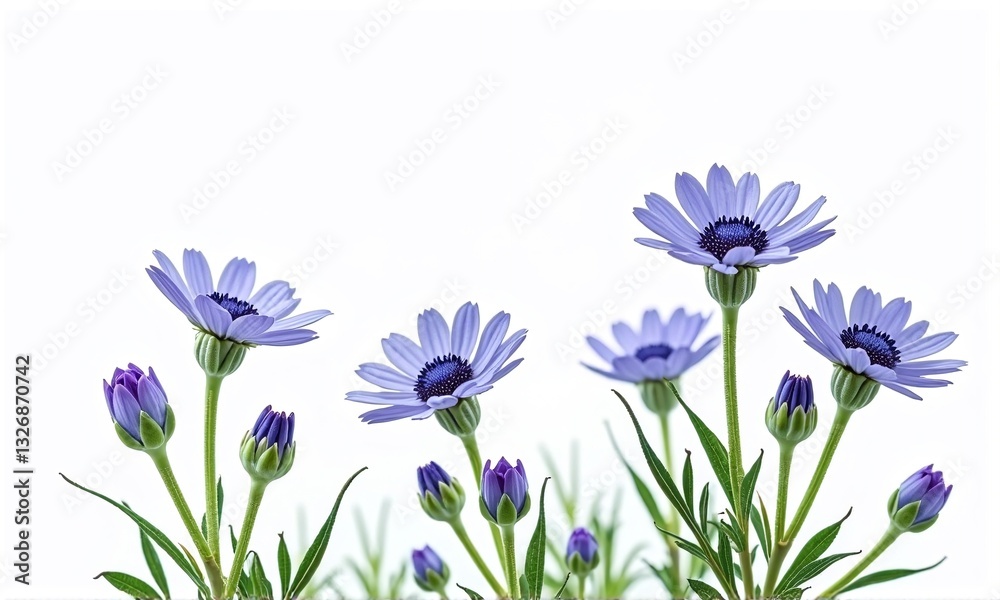 Naklejka premium Delicate Purple Flowers with Green Leaves on White Background