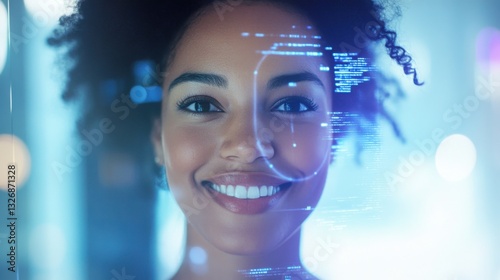 Innovative Technology Concept With Smiling Woman and Digital Overlay