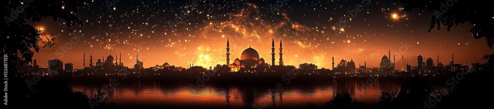 Fototapeta premium Golden Mosque Silhouette Framed by the Stars in the Night Sky. Generative AI