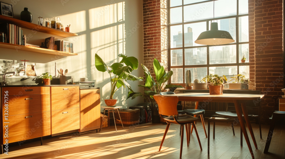 Fototapeta premium cozy, sunlit living space featuring wooden furniture, plants, and large windows. warm atmosphere invites relaxation and comfort