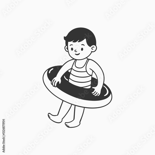 Cartoon Illustration of a Kid in Swim Shorts Floating in a Pool. Vector Hand Drawn Illustration Isolated On Transparent Background